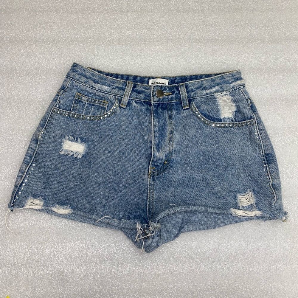 Superdown denim jean shorts size 27 rhinestones high waist a line